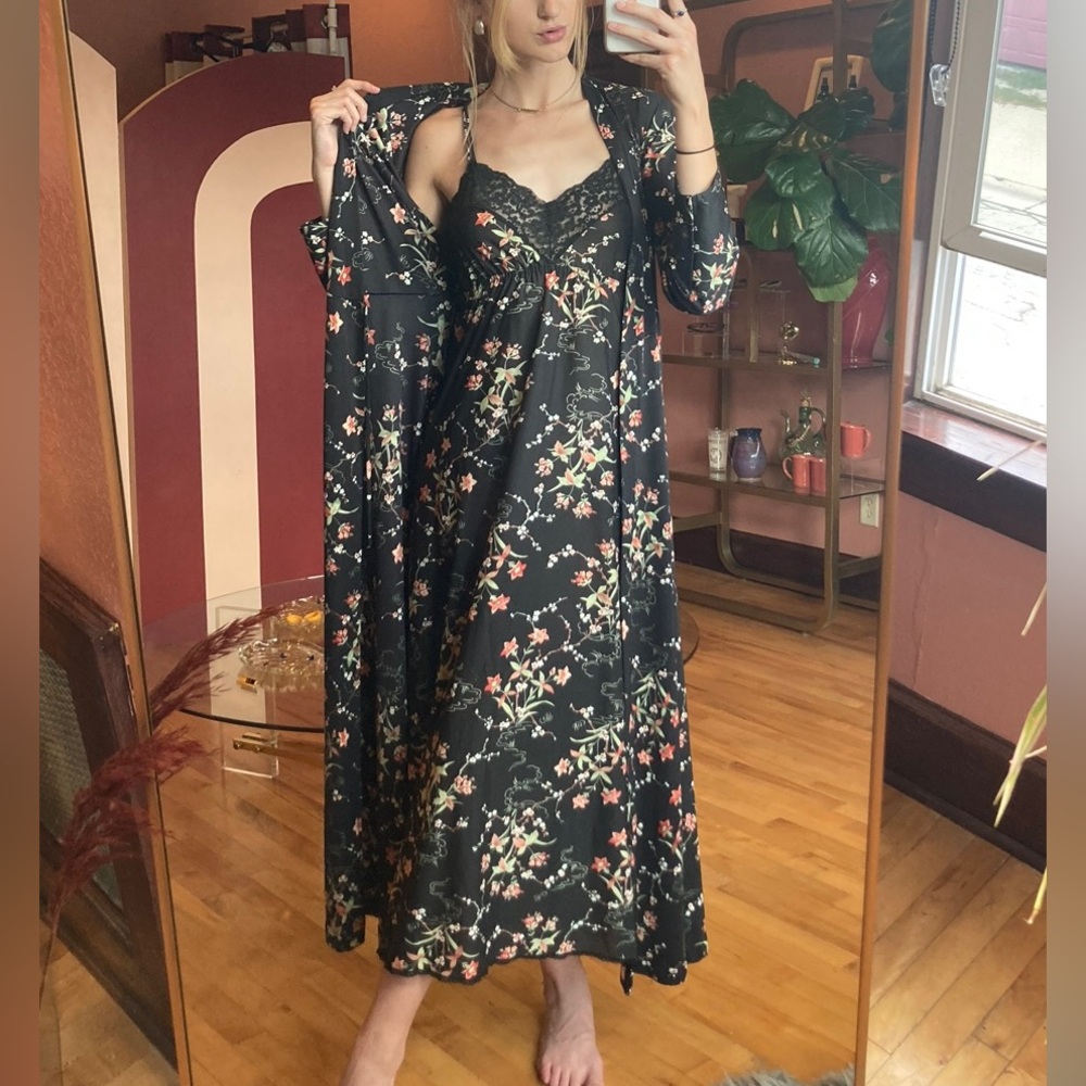 Vintage 70s Handmade Nightdress Slip and Robe 2 Piece Sleepwear Set XS/S